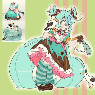 Anime style illustration of Hatsune Miku wearing an ice cream themed dress from the game CocoPPa Play. She's being harassed by two seagulls and dropping her ice-cream onto the ground.