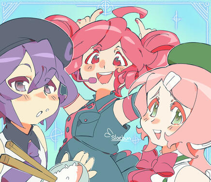Digital art of three anime style characters (left to right) Utane Uta, Kasane Teto and Momone Momo, who are all vocal synthesizers on the program Utau. Teto jumps in the background, holding her hands up behind her head to form horns. Momo and Uta look at t
