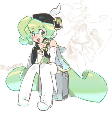 Digital illustration of character Macne Nana (anime style girl with long green hair and futuristic clothing) sitting on top of a computer tower. There's a little sketch of her in the corner too.